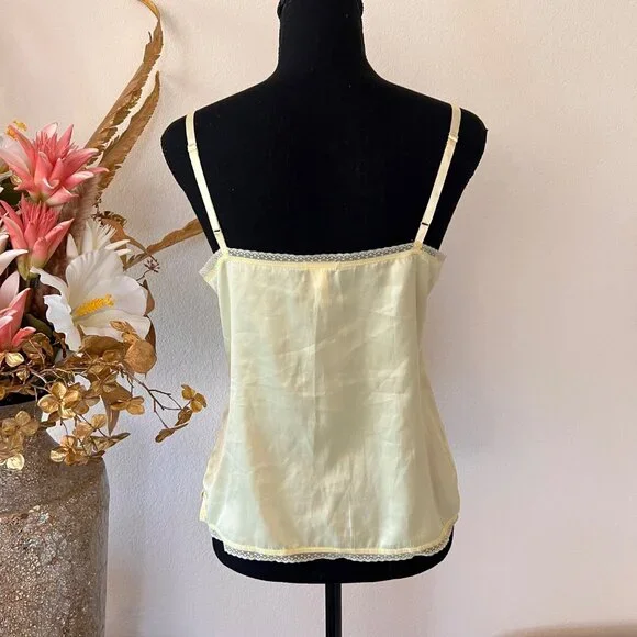 Y2K Pale Yellow Satin Pleated Embroidered Lace Cami Top M - Picture 3 of 8